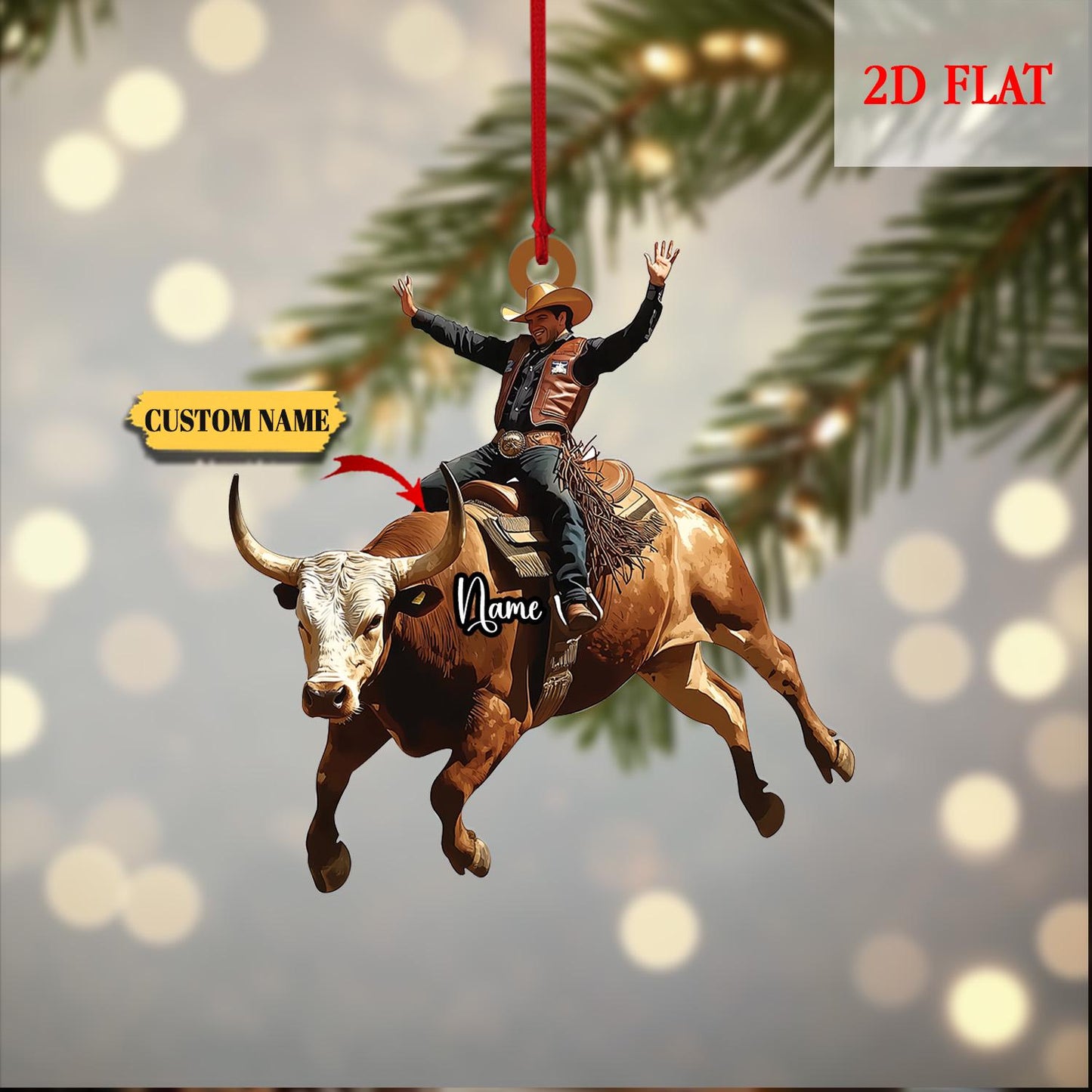 Personalized Bull Riding 2D Flat Acrylic Ornament, Christmas Tree Hanging Decor, Bull Riding, Cowboy Boots, Cowboy Hat, Cowboy Ornament