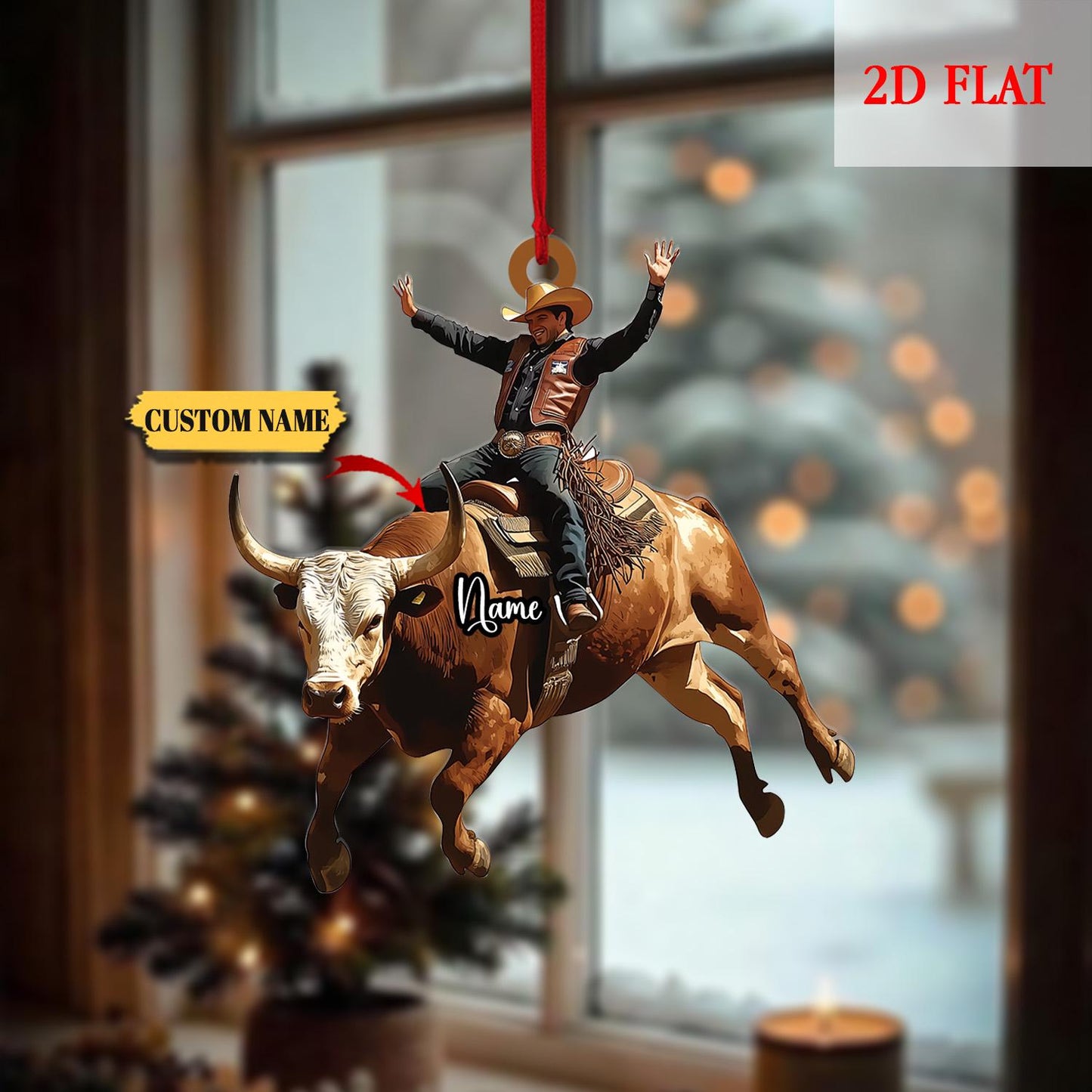 Personalized Bull Riding 2D Flat Acrylic Ornament, Christmas Tree Hanging Decor, Bull Riding, Cowboy Boots, Cowboy Hat, Cowboy Ornament