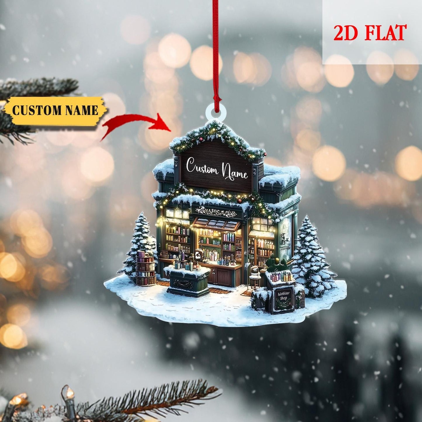 Personalized Bookstore Christmas 2D Flat Acrylic Ornament, Bookshop Ornament For Book Lovers, Christmas Bookshelf Ornaments, Bookish Gift