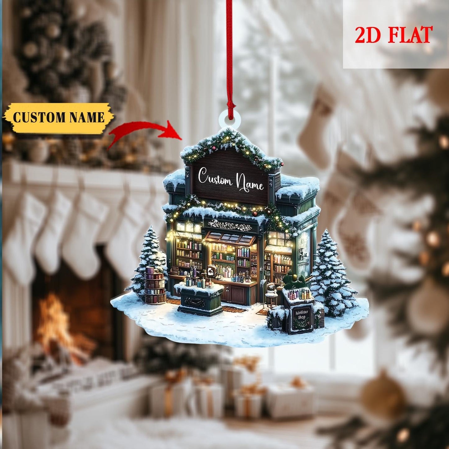 Personalized Bookstore Christmas 2D Flat Acrylic Ornament, Bookshop Ornament For Book Lovers, Christmas Bookshelf Ornaments, Bookish Gift