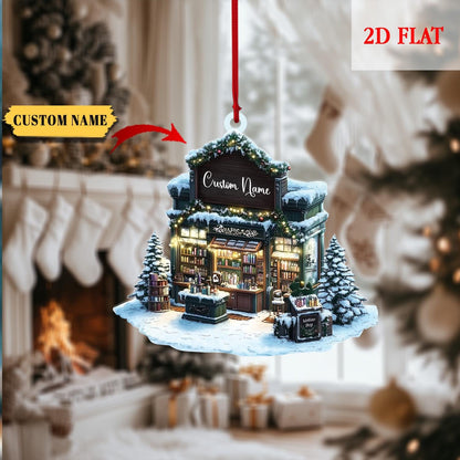 Personalized Bookstore Christmas 2D Flat Acrylic Ornament, Bookshop Ornament For Book Lovers, Christmas Bookshelf Ornaments, Bookish Gift