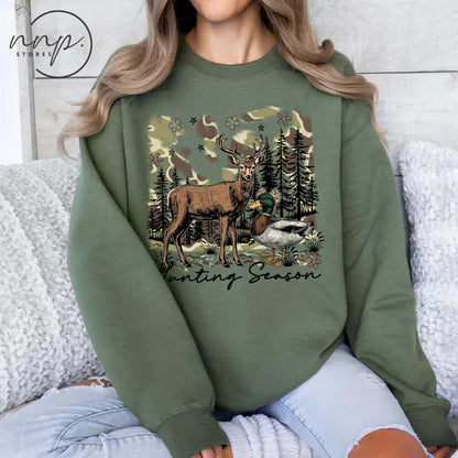 Hunting Season Deer Duck Sweatshirt, Camo Hunter Wildlife Hoodie, Fall Hunting T Shirt, Toddler Youth Outdoorsman Top, Waterfowl Deer Tee