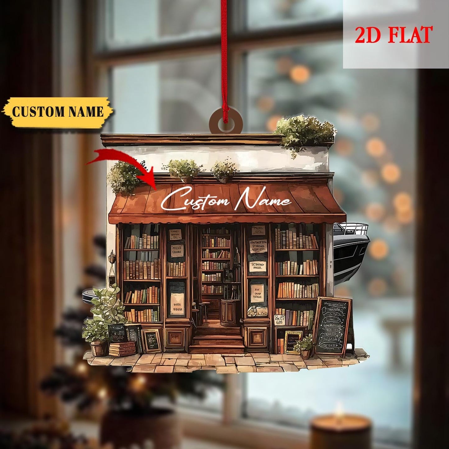Personalized Bookstore 2D Flat Acrylic Ornament, Bookshop Ornament For Book Lovers, Book Lover Gift, Gift For Librarian, Librarian Christmas