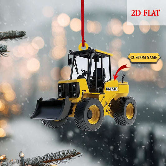 Custom Name Bulldozer With Santa Hat and Christmas Lights Flat 2D Ornament, Christmas Tree Hanging Decor, Bulldoze Christmas Decoration