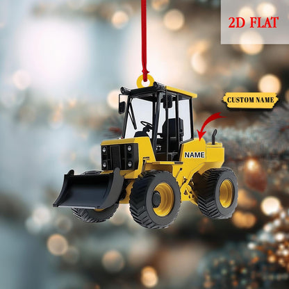Custom Name Bulldozer With Santa Hat and Christmas Lights Flat 2D Ornament, Christmas Tree Hanging Decor, Bulldoze Christmas Decoration