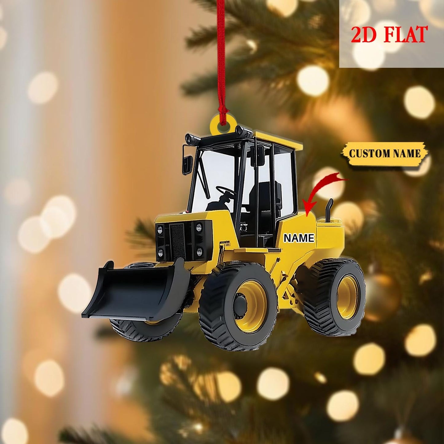 Custom Name Bulldozer With Santa Hat and Christmas Lights Flat 2D Ornament, Christmas Tree Hanging Decor, Bulldoze Christmas Decoration