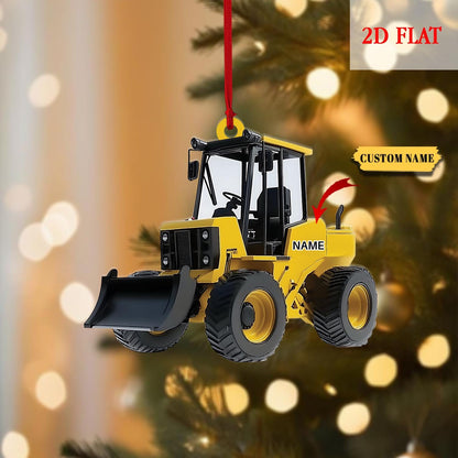Custom Name Bulldozer With Santa Hat and Christmas Lights Flat 2D Ornament, Christmas Tree Hanging Decor, Bulldoze Christmas Decoration