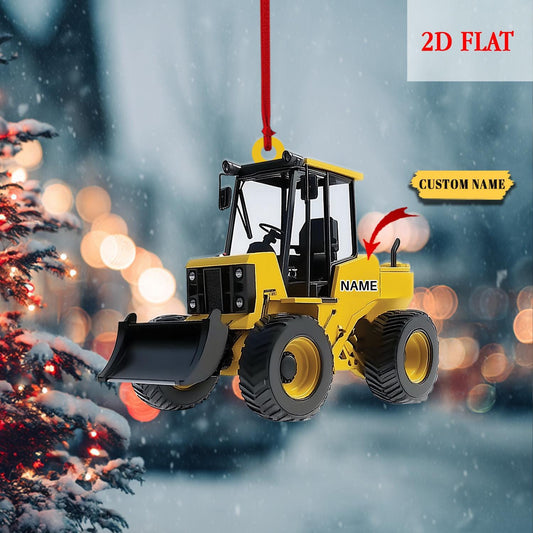 Custom Name Bulldozer With Santa Hat and Christmas Lights Flat 2D Ornament, Christmas Tree Hanging Decor, Bulldoze Christmas Decoration