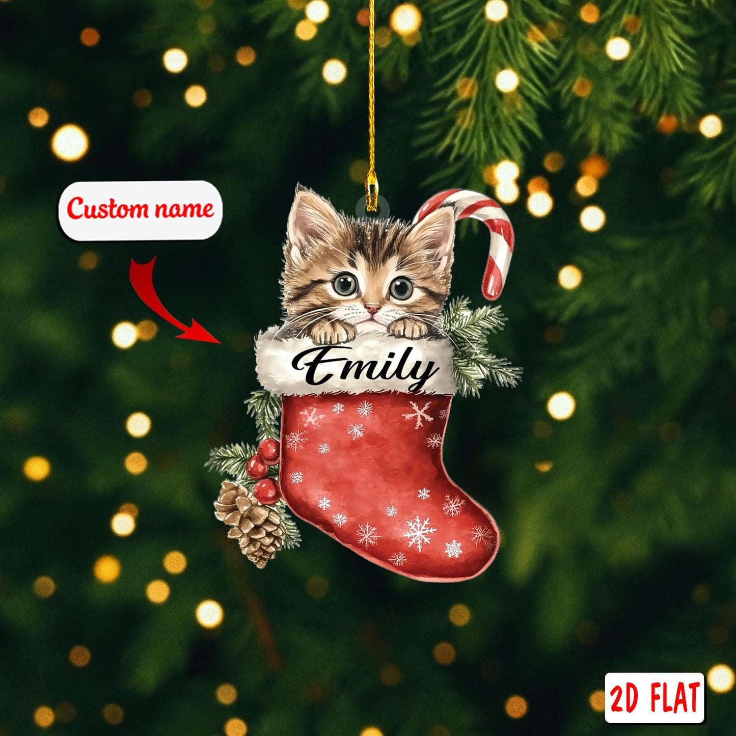 2D acrylic ornament, flat christmas ornament, personalized cat ornament, custom name ornament, kitten stocking ornament, pet xmas gift