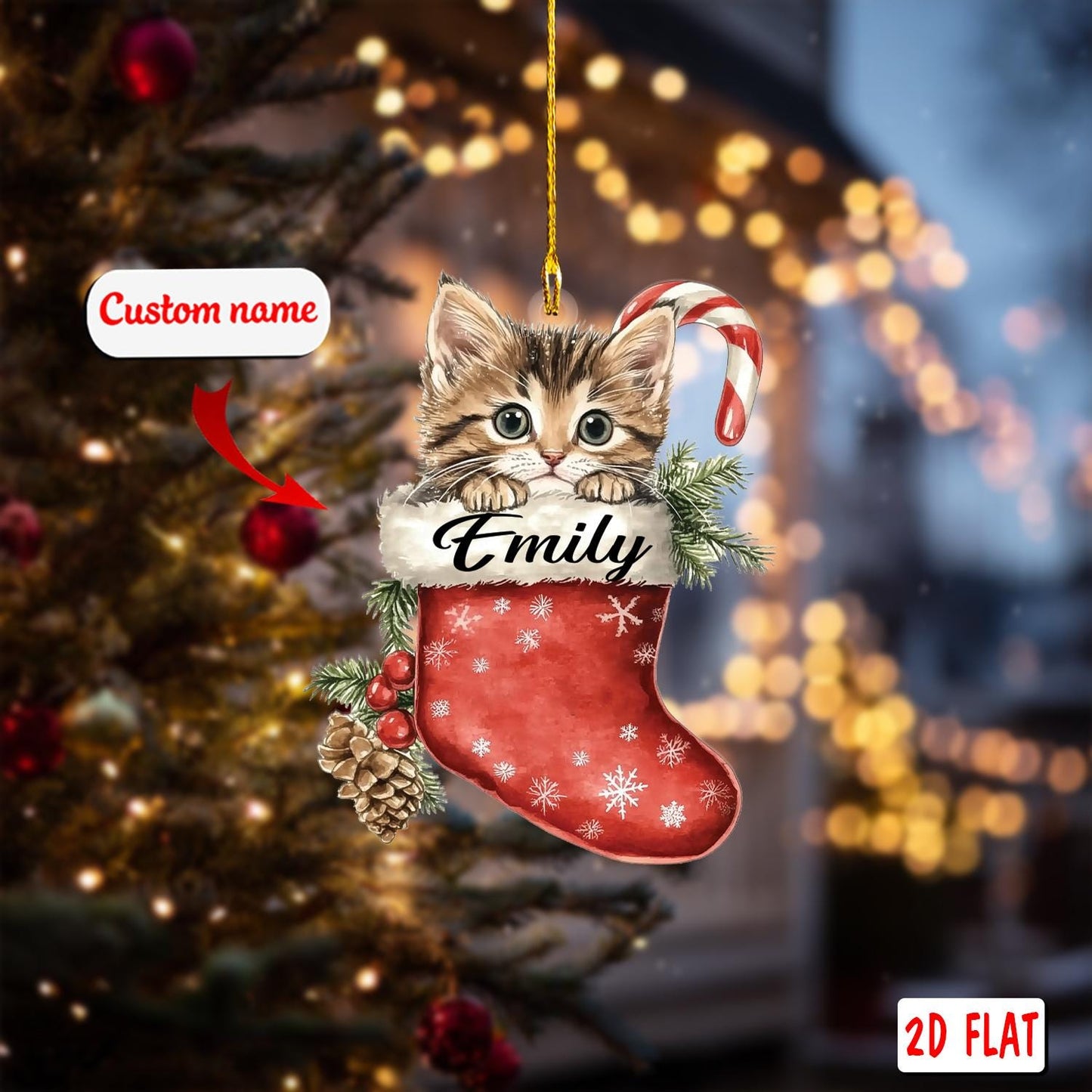 2D acrylic ornament, flat christmas ornament, personalized cat ornament, custom name ornament, kitten stocking ornament, pet xmas gift