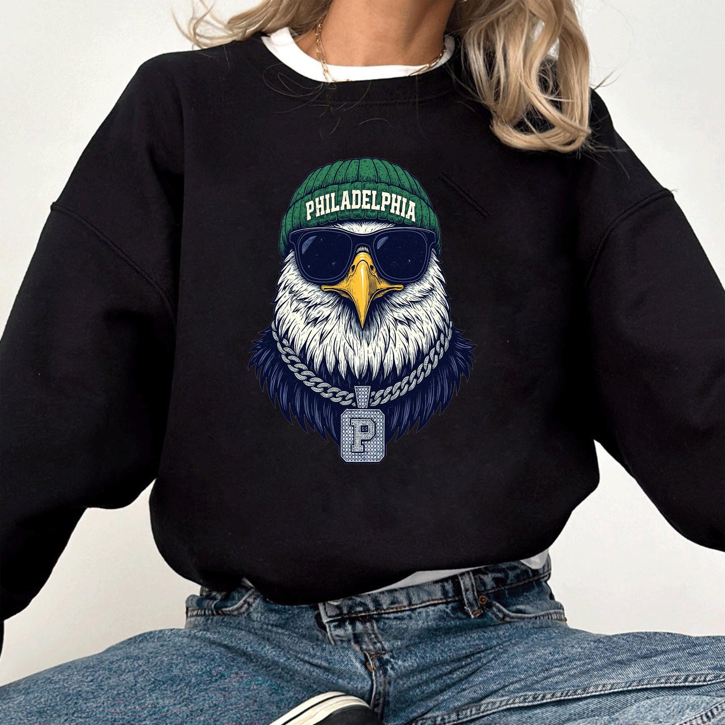 Philadelphia Eagle Sweatshirt, Vintage Graphic Hoodie, Cool Eagle Shirt with Sunglasses, Retro Streetwear Top, Unisex Game Day Outfit