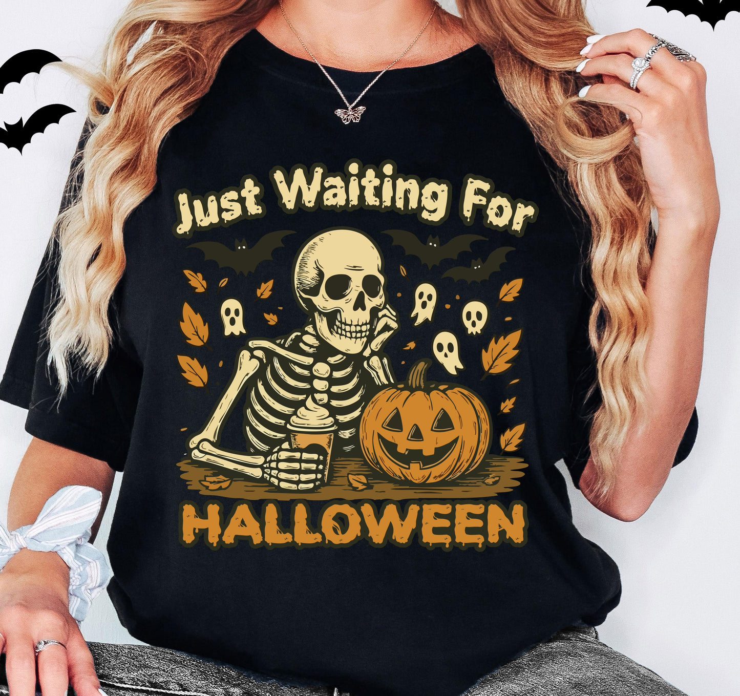 Just Waiting for Halloween Shirt, Skeleton Pumpkin Sweatshirt, Halloween Skull T-Shirt, Ghost Skeleton Tee, Spooky Season Gift Hoodie