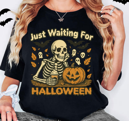 Just Waiting for Halloween Shirt, Skeleton Pumpkin Sweatshirt, Halloween Skull T-Shirt, Ghost Skeleton Tee, Spooky Season Gift Hoodie