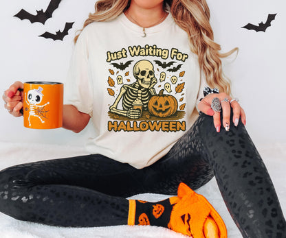 Just Waiting for Halloween Shirt, Skeleton Pumpkin Sweatshirt, Halloween Skull T-Shirt, Ghost Skeleton Tee, Spooky Season Gift Hoodie