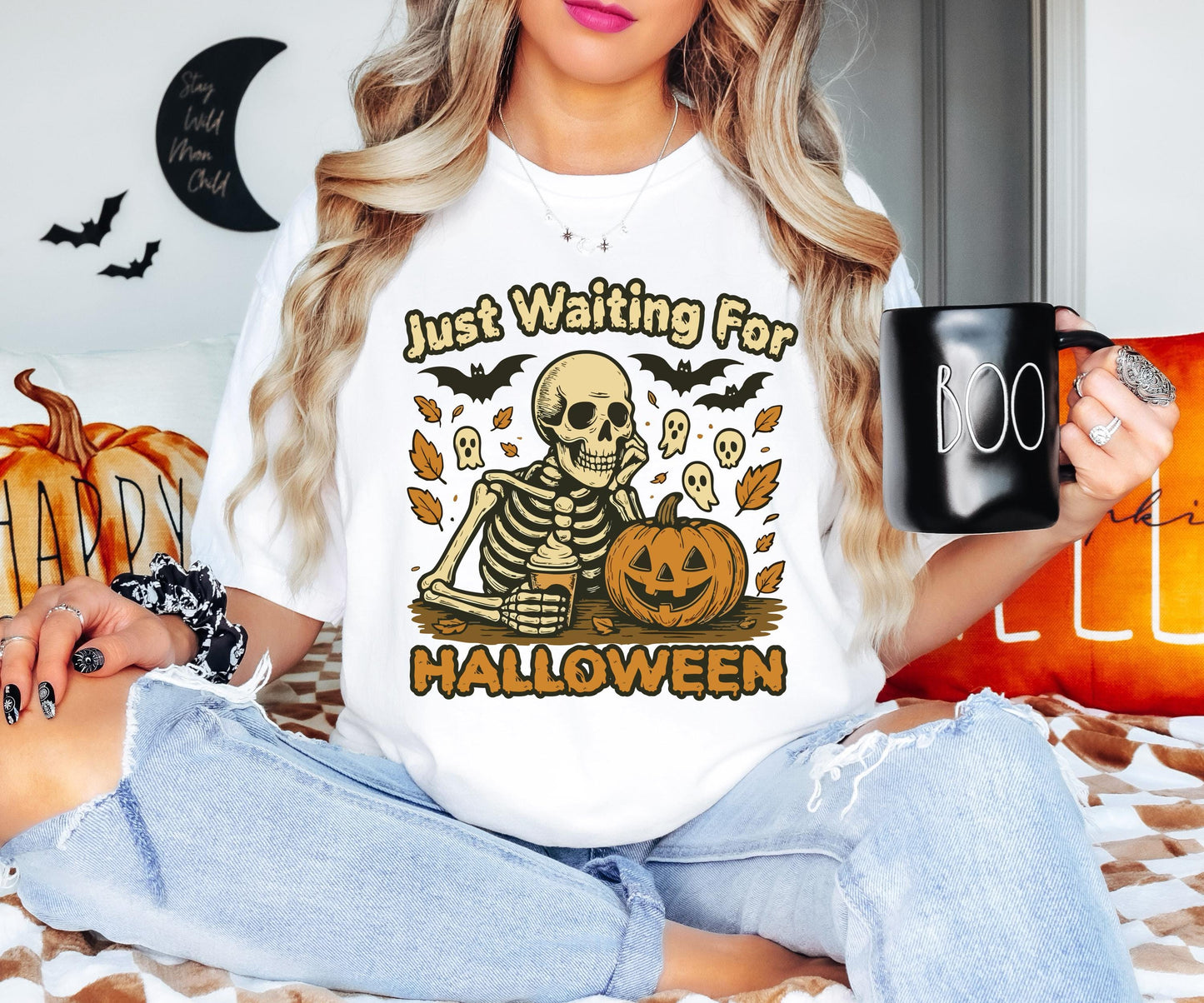 Just Waiting for Halloween Shirt, Skeleton Pumpkin Sweatshirt, Halloween Skull T-Shirt, Ghost Skeleton Tee, Spooky Season Gift Hoodie