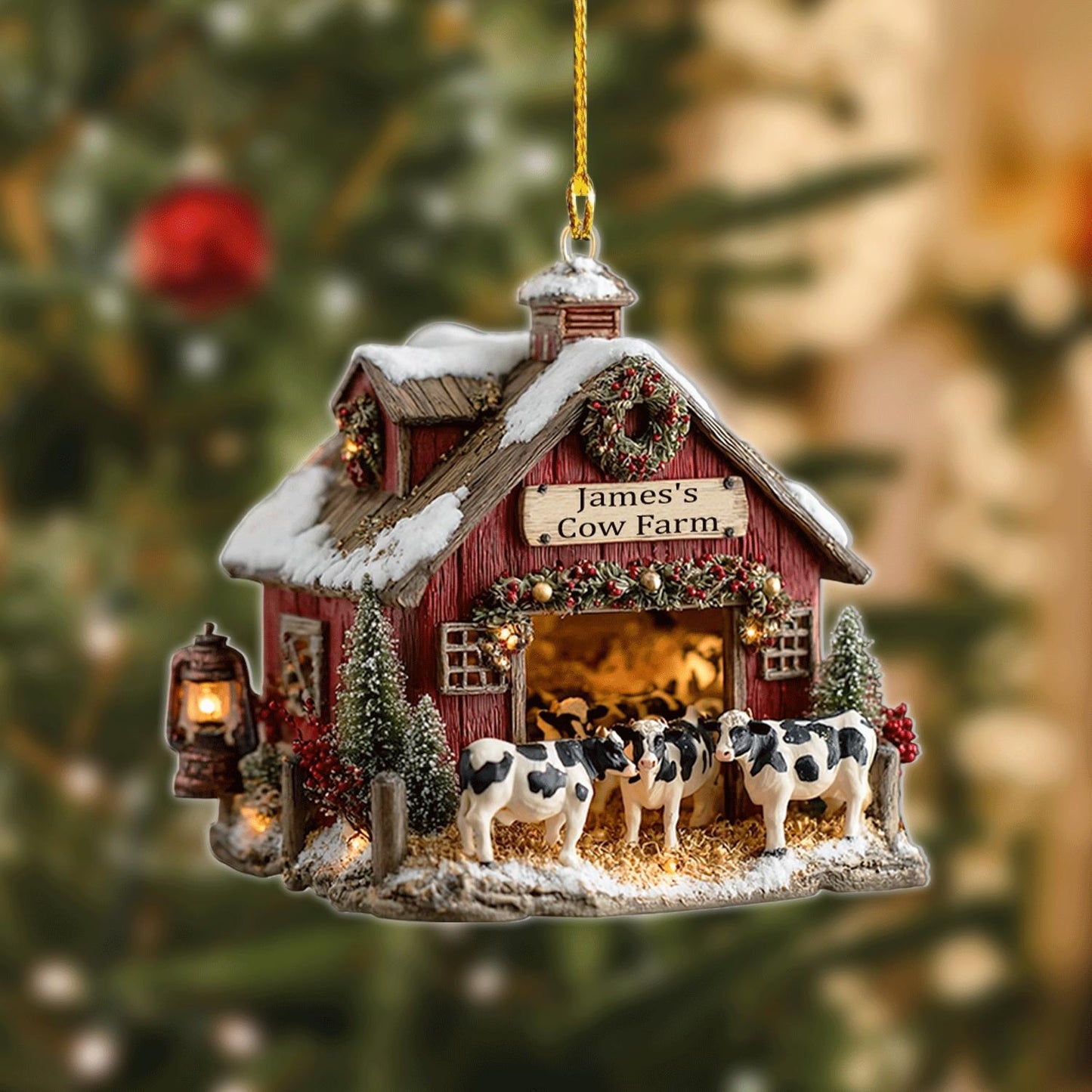 Personalized Cow Farm Christmas Ornament, Custom Name Rustic Barn Holiday Decor Gift for Farmers and Country Living Lovers, 2D Flat ornament