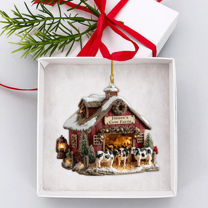 Personalized Cow Farm Christmas Ornament, Custom Name Rustic Barn Holiday Decor Gift for Farmers and Country Living Lovers, 2D Flat ornament