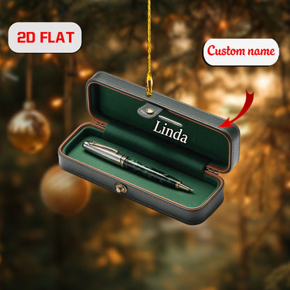 Personalized Pen Ornament Custom Name, Acrylic Christmas Decoration with Pen Case, Teacher Writer Office Ornament Gift for Coworker Boss
