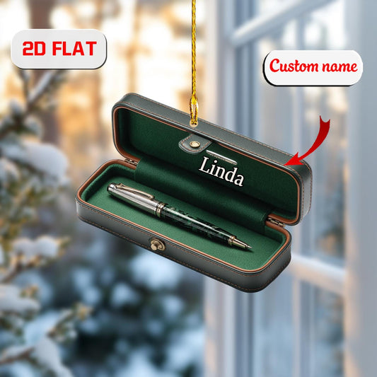 Personalized Pen Ornament Custom Name, Acrylic Christmas Decoration with Pen Case, Teacher Writer Office Ornament Gift for Coworker Boss