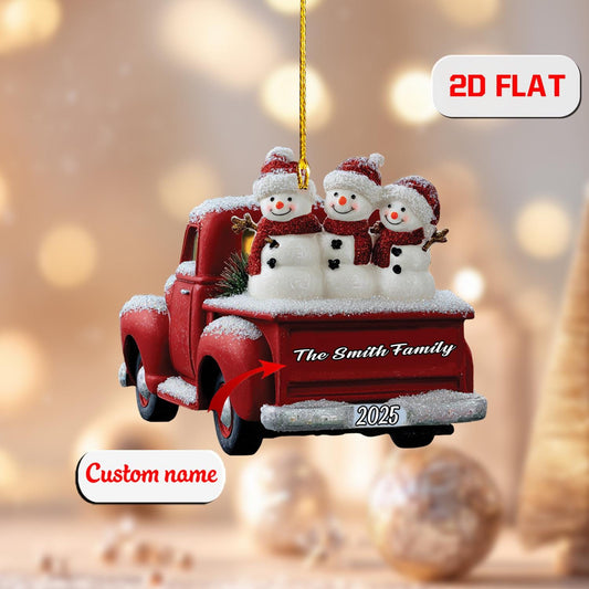 2D Acrylic Red Truck Christmas Ornament, Snowman Family Holiday Decor, Vintage Farmhouse Style Tree Decoration, Xmas Gift, Christmas Gift