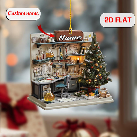 2D Acrylic Christmas Ornament, Scientist Lab Holiday Decor with Microscope and Beakers, Science Ornament for Chemists, Christmas Gift