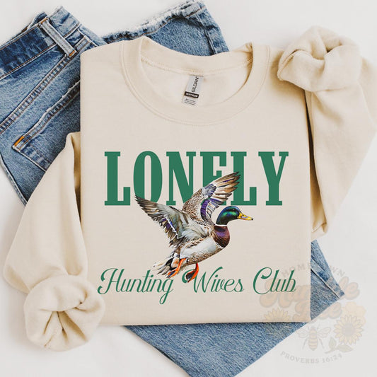 Lonely Hunting Wives Club Sweatshirt | Funny Duck Hunting Wife Pullover | Sand Gildan Crewneck | Hunting Season Widow Gift
