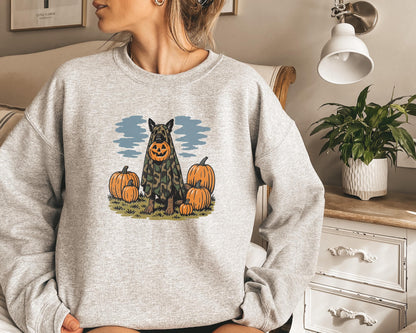 Halloween German Shepherd Sweatshirt, Camo Ghost Dog with Pumpkin Head Shirt, Funny Hunting Dog Costume Fall Shirt, Vintage Dog Shirt