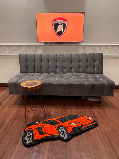Custom Tufted Car Rug – Handmade Sports Car Rug – Orange Lambo Rug – Cool Room Decor – Boys Room Rug – Racing car rug.