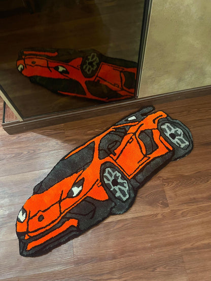 Custom Tufted Car Rug – Handmade Sports Car Rug – Orange Lambo Rug – Cool Room Decor – Boys Room Rug – Racing car rug.