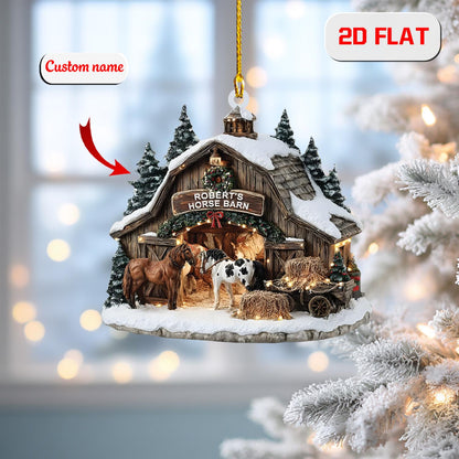 Personalized Horse Barn Christmas Ornament 2025, Custom Name Farm Ornament with Horses, 2D Flat Acrylic Decoration, Unique Xmas Gift