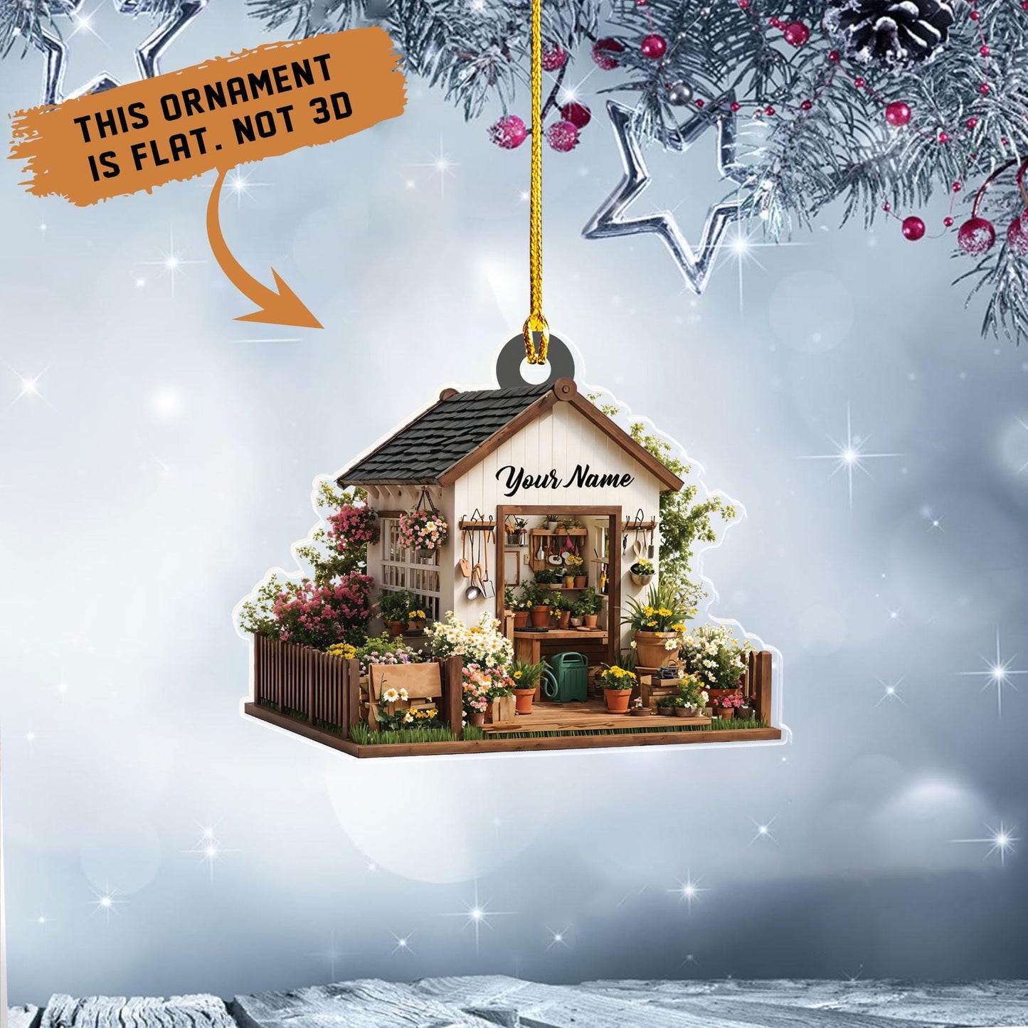 Personalized Garden House Shape Flat Ornament, Gardening Xmas Ornament, Xmas Gift for Gardener, Plant Lover Gift, Gardening Lover