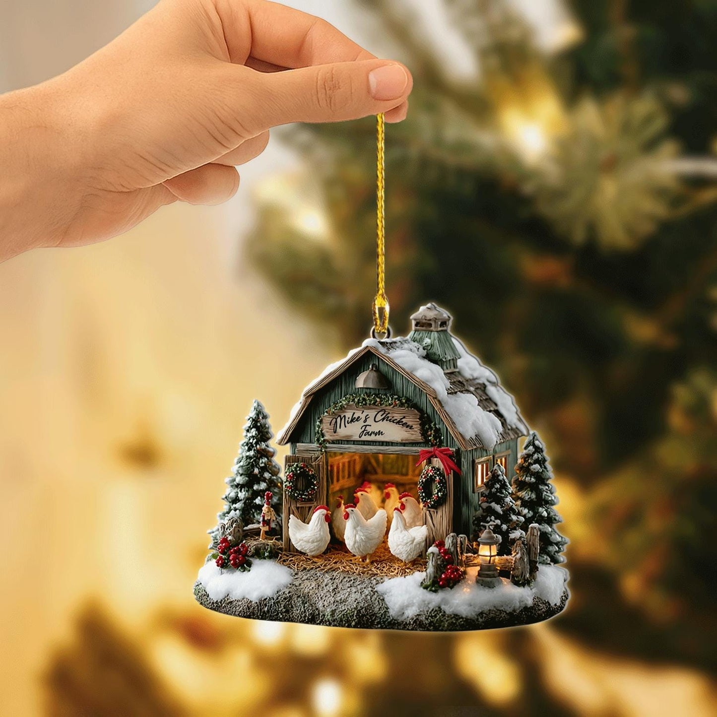 Chicken Farm Ornament – Rustic Barn Christmas Tree Decor – Personalized Gift for Farmers & Chicken Lovers, 2D flat ornament