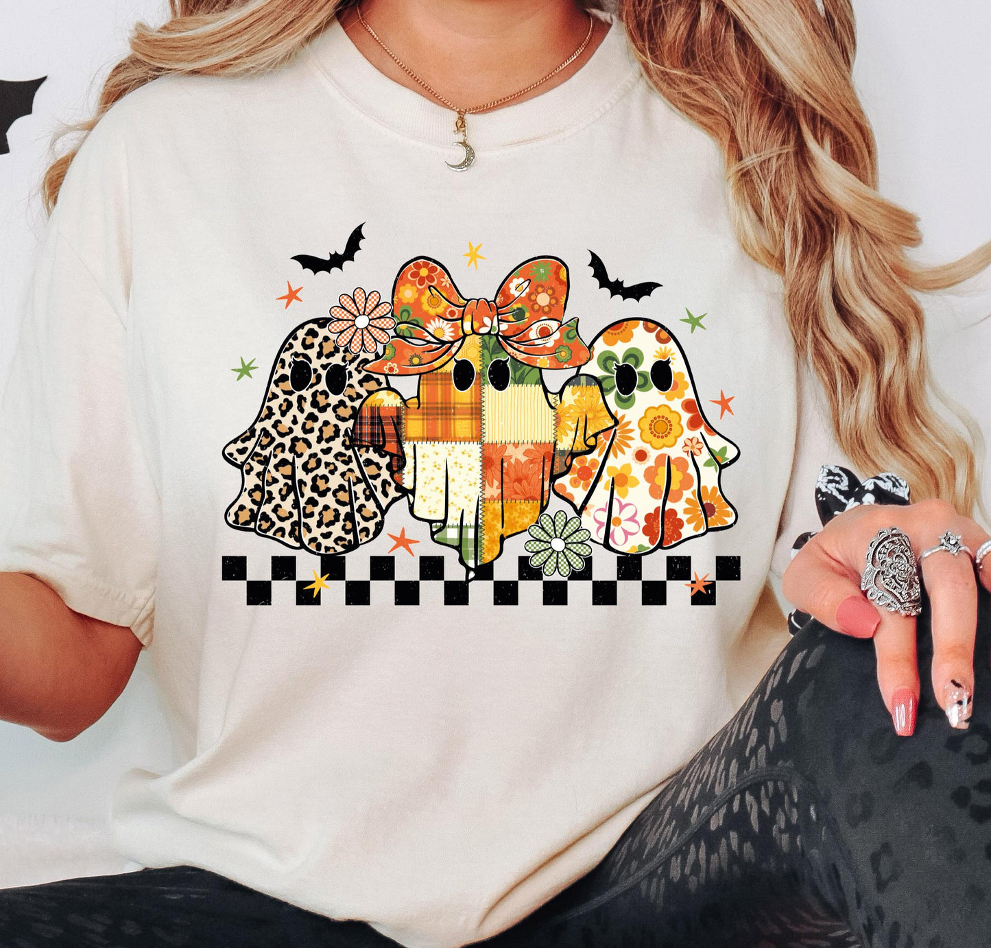 Patchwork Ghost Floral Shirt, Halloween Floral Ghost Sweatshirt, Checkered Halloween Shirt, Boho Fall Floral Tee, Spooky Season Hoodie