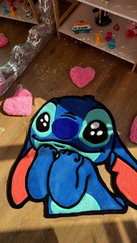 3 FT Stitch Tufted Rug – Custom Handmade Blue Cartoon Carpet, Crying Stitch Decor, Puffy Soft Rug for Anime Room Aesthetic or Gift