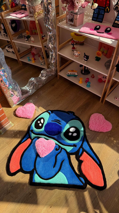 3 FT Stitch Tufted Rug – Custom Handmade Blue Cartoon Carpet, Crying Stitch Decor, Puffy Soft Rug for Anime Room Aesthetic or Gift