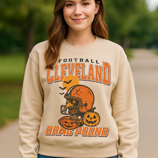 Vintage Style Cleveland Spooky Sweatshirt | Dawg Pound Halloween Football Shirt | Spooky Crow Pumpkin Shirt | Fall Sports Fan Gift
