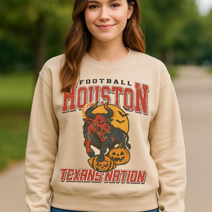 Vintage Style Houston Spooky Sweatshirt | Texans Nation Halloween Football Shirt | Spooky Crow Pumpkin Shirt | Fall Sports Fan Gift