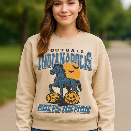 Vintage Style Indianapolis Spooky Sweatshirt | Colts Nation Halloween Football Shirt | Spooky Crow Pumpkin Shirt | Fall Sports Fan Gift