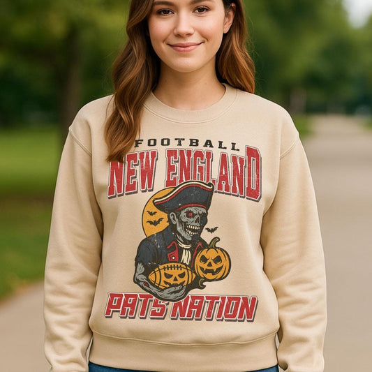 Vintage Style New England Spooky Sweatshirt | Pats Nation Halloween Football Shirt | Spooky Crow Pumpkin Shirt | Fall Sports Fan Gift