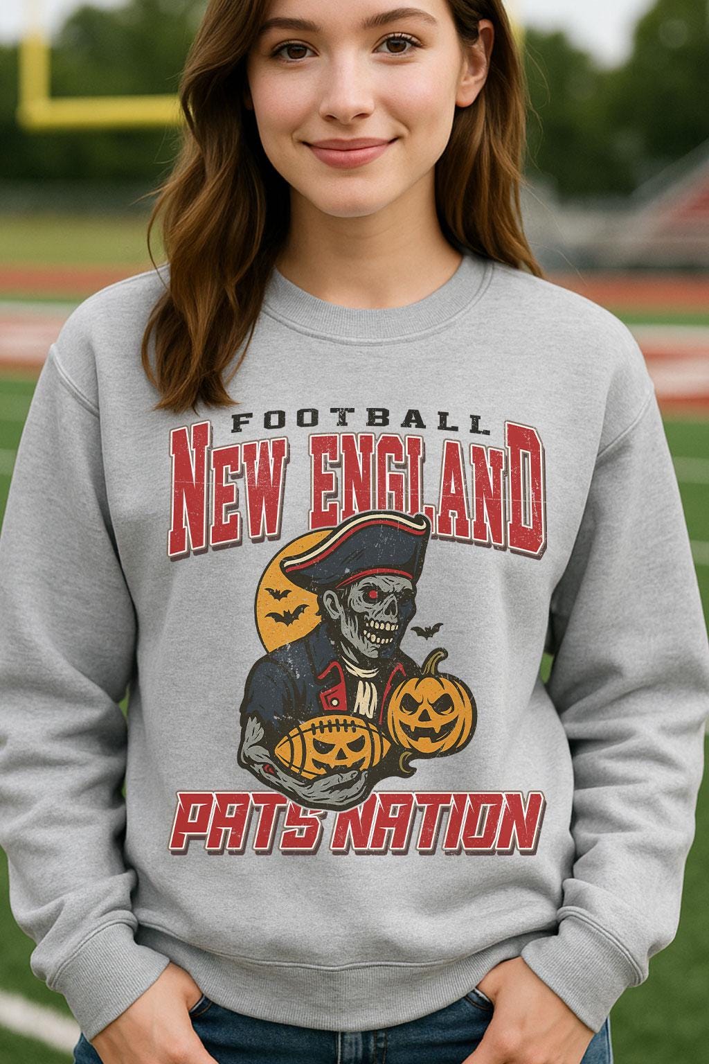 Vintage Style New England Spooky Sweatshirt | Pats Nation Halloween Football Shirt | Spooky Crow Pumpkin Shirt | Fall Sports Fan Gift