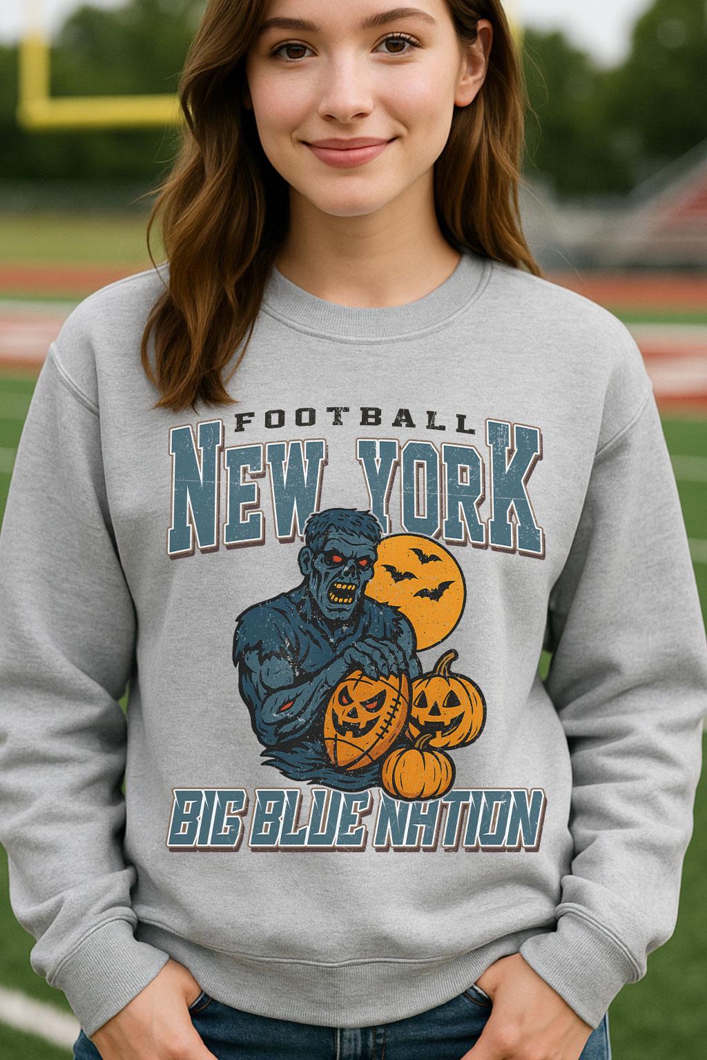 Vintage Style New York Spooky Sweatshirt | Big Blue Nation Halloween Football Shirt | Spooky Crow Pumpkin Shirt | Fall Sports Fan Gift