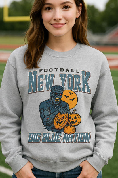 Vintage Style New York Spooky Sweatshirt | Big Blue Nation Halloween Football Shirt | Spooky Crow Pumpkin Shirt | Fall Sports Fan Gift