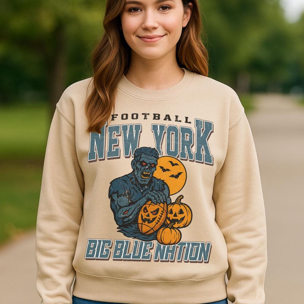 Vintage Style New York Spooky Sweatshirt | Big Blue Nation Halloween Football Shirt | Spooky Crow Pumpkin Shirt | Fall Sports Fan Gift