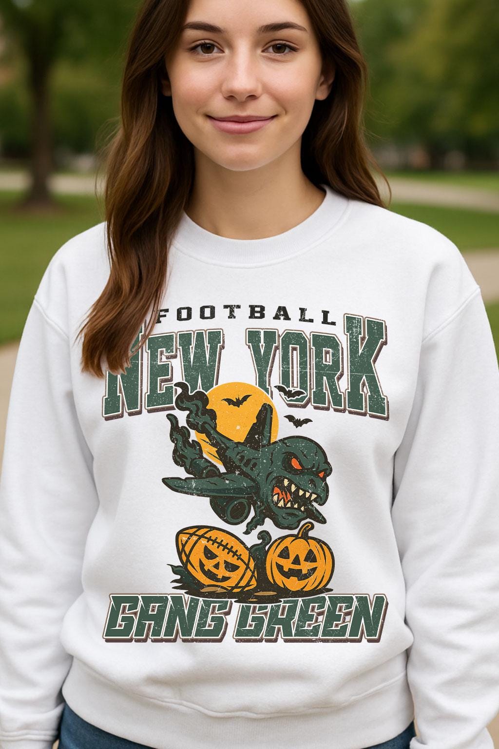 Vintage Style New York Spooky Sweatshirt | Gang Green Halloween Football Shirt | Spooky Crow Pumpkin Shirt | Fall Sports Fan Gift