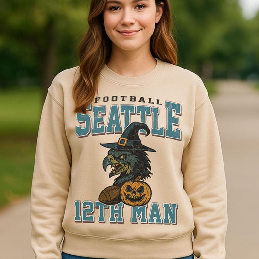 Vintage Style Seattle Spooky Sweatshirt | 12th Man Halloween Football Shirt | Spooky Crow Pumpkin Shirt | Fall Sports Fan Gift