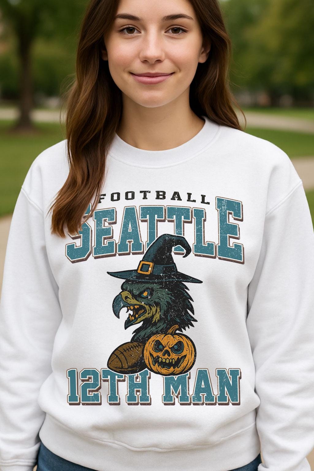 Vintage Style Seattle Spooky Sweatshirt | 12th Man Halloween Football Shirt | Spooky Crow Pumpkin Shirt | Fall Sports Fan Gift
