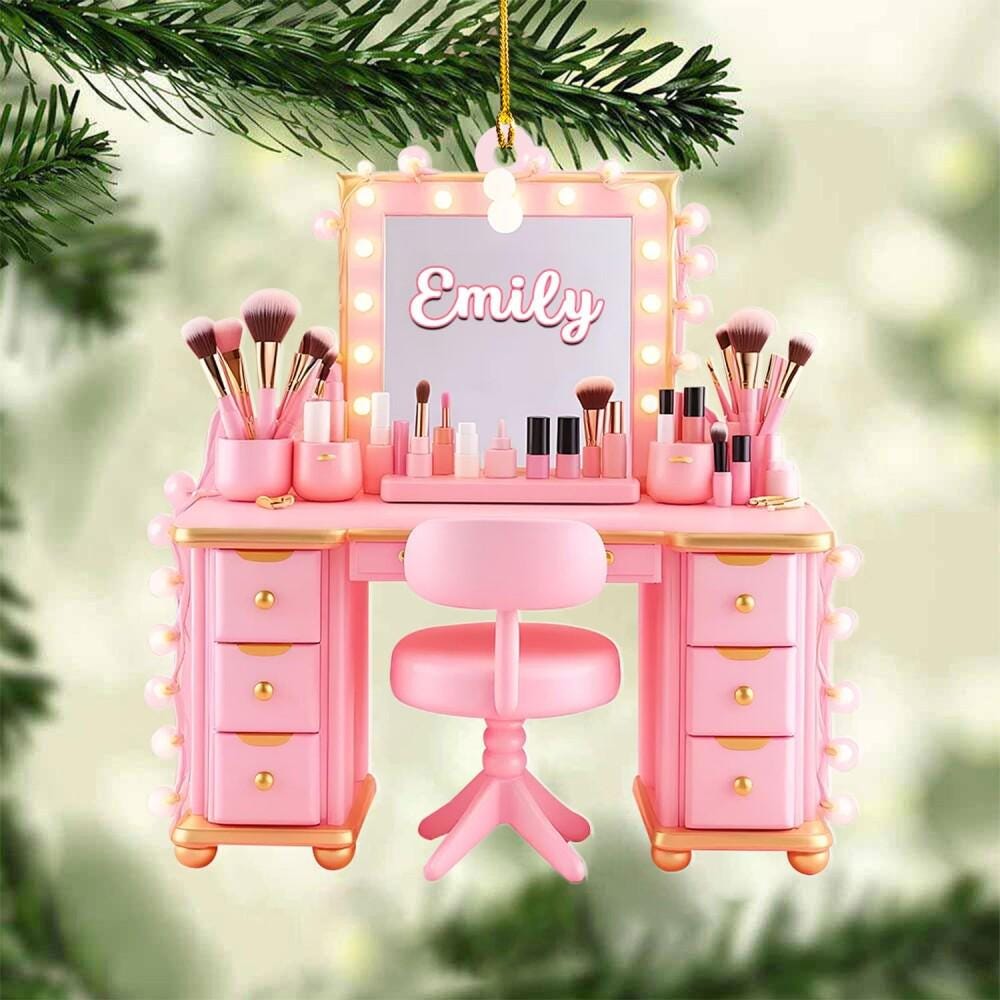 Personalized Makeup Christmas Ornaments, Makeup Table 2D Flat Ornament, Gifts for Makeup Artist, Girls