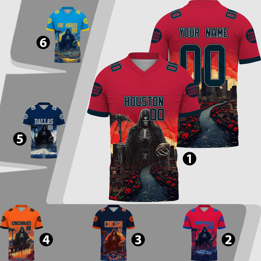 Custom Houston Red Football Jersey Kid Adult, Custom Red Black Halloween Football Jersey Name Number Logo State College Jersey Skull Gift