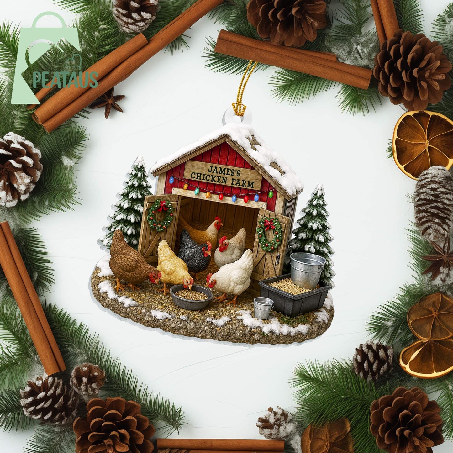 Chicken Farm Ornament, Chicken Ornament 2D Flat, Farmhouse Christmas Ornament, Farm Decor,Gift For Farmer,Chicken Lover,Custom Barn Ornament