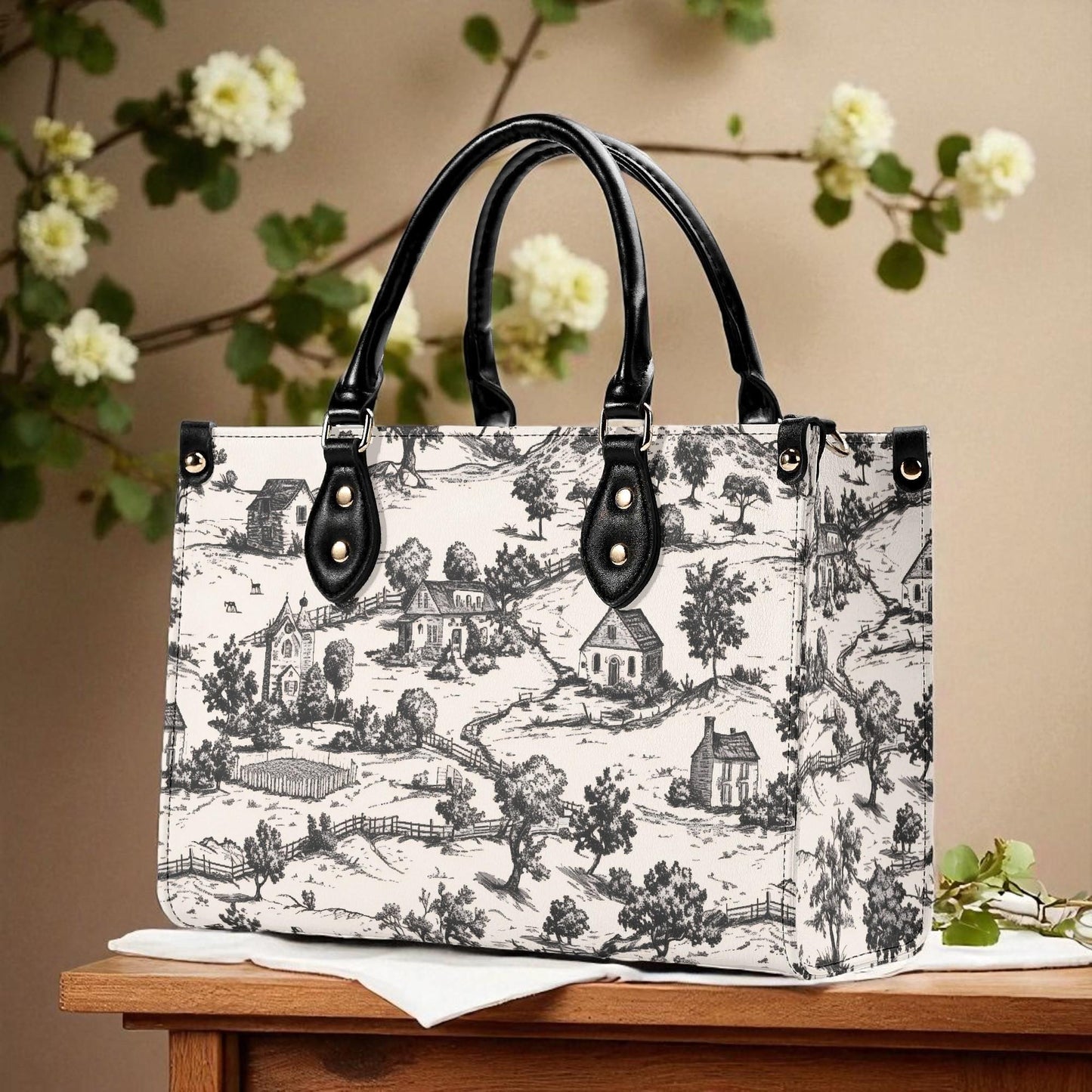 Noir Echo Toile | Tote Handbag | Top-Grain Leather Handbag | Vegan Leather | Shoulder Bag | Custom Tote Bag | Trend Gift | Top-Handle Purse